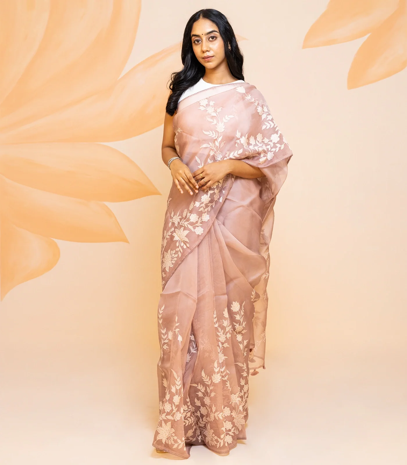 Dusty Pink Pure organza Saree Embroidered With Floral Motifs-Dusty Pink