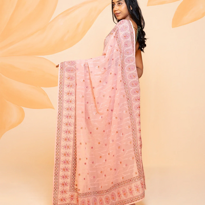 Baby Pink Blended Cotton Saree Embroidered With Floral Motifs-Baby Pink