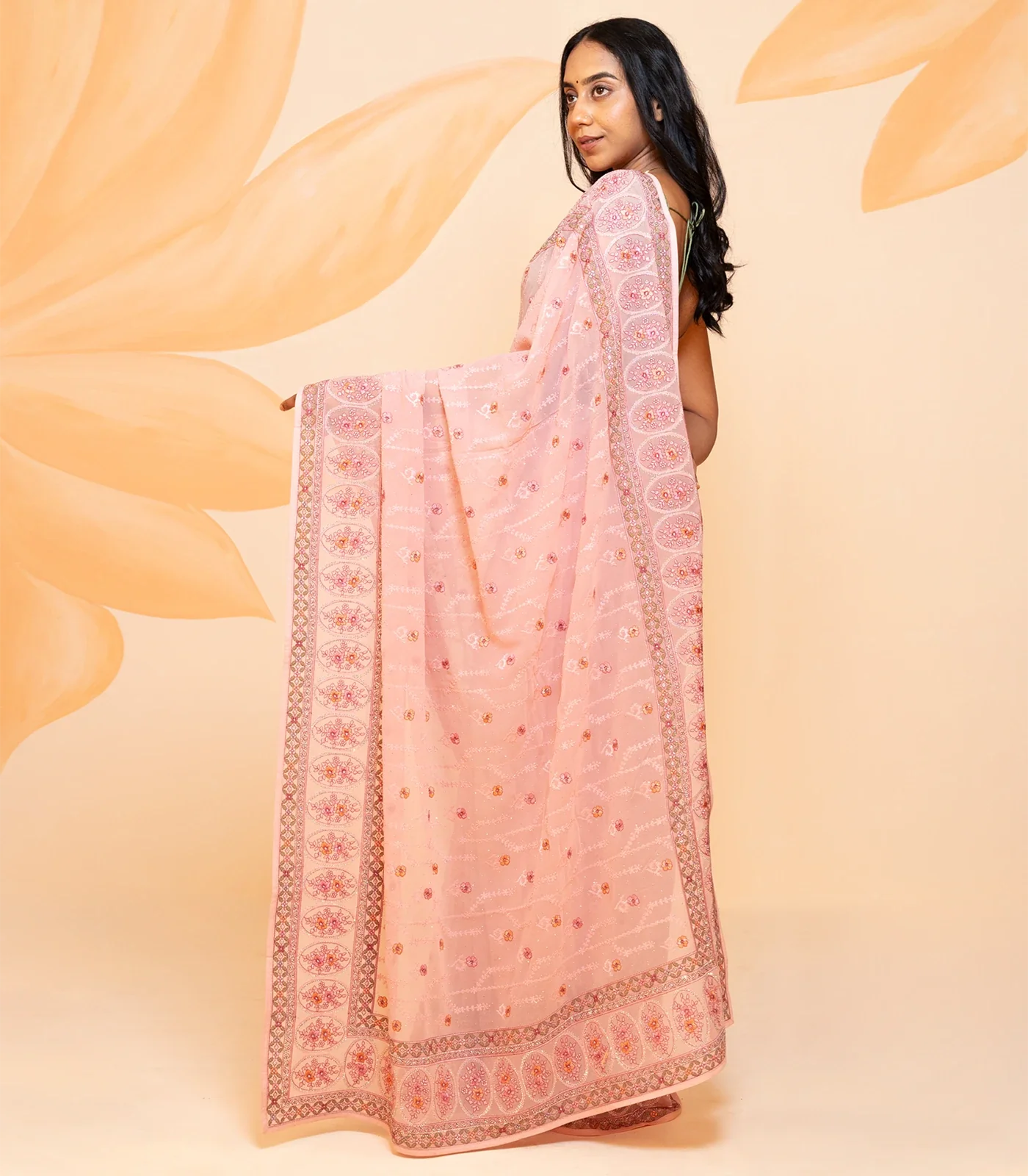Baby Pink Blended Cotton Saree Embroidered With Floral Motifs-Baby Pink