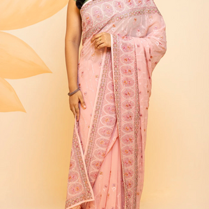 Baby Pink Blended Cotton Saree Embroidered With Floral Motifs-Baby Pink