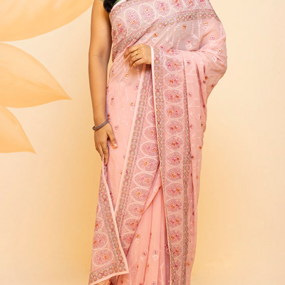 Baby Pink Blended Cotton Saree Embroidered With Floral Motifs-Baby Pink