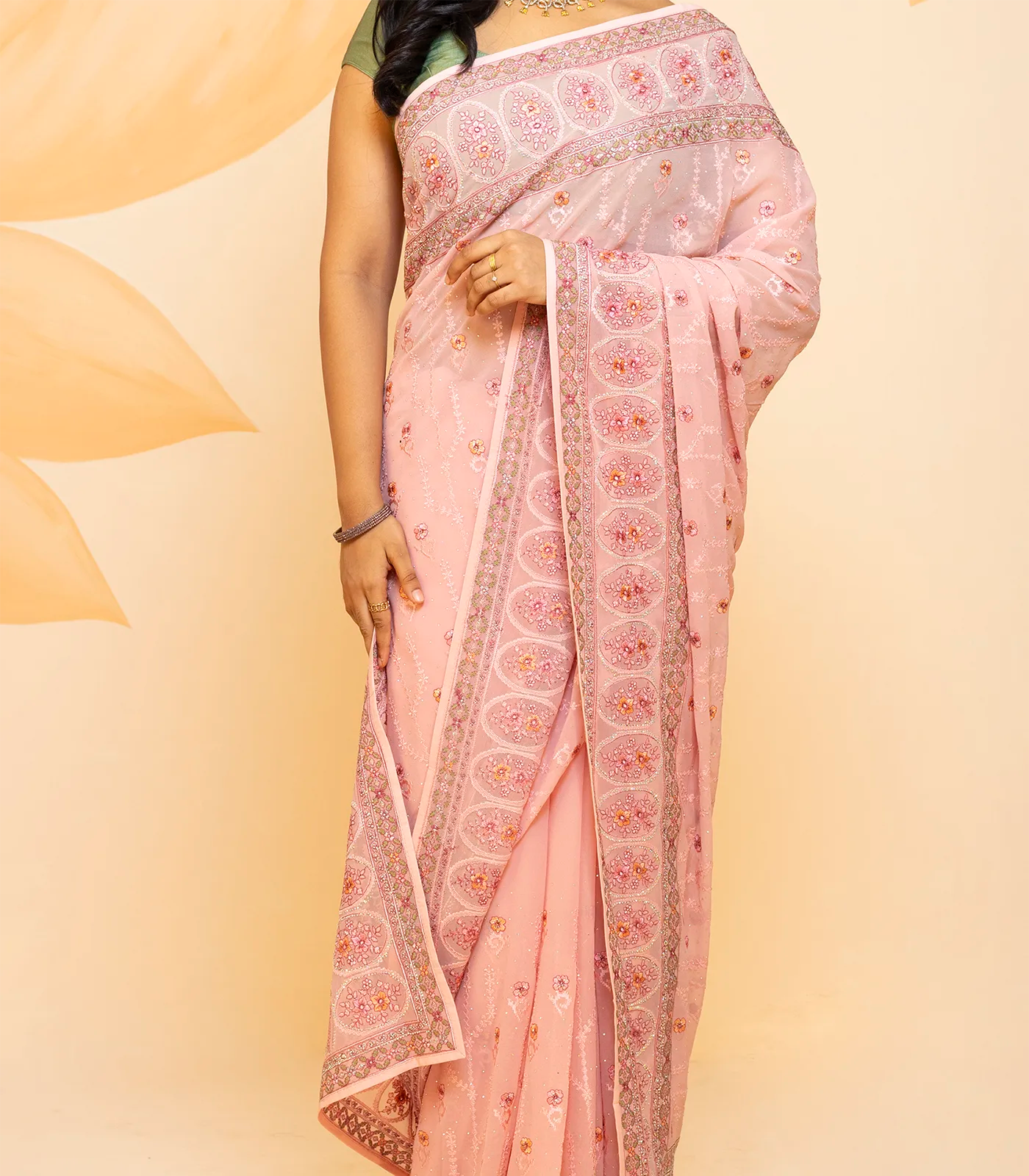 Baby Pink Blended Cotton Saree Embroidered With Floral Motifs-Baby Pink