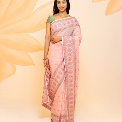 Baby Pink Blended Cotton Saree Embroidered With Floral Motifs-Baby Pink