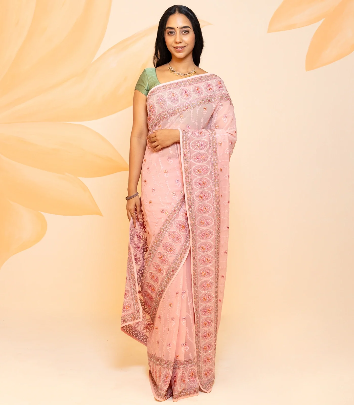 Baby Pink Blended Cotton Saree Embroidered With Floral Motifs-Baby Pink