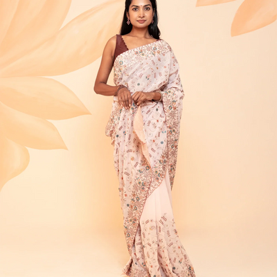 Baby Pink Blended Cotton Saree Embroidered With Meena Motifs-Baby Pink