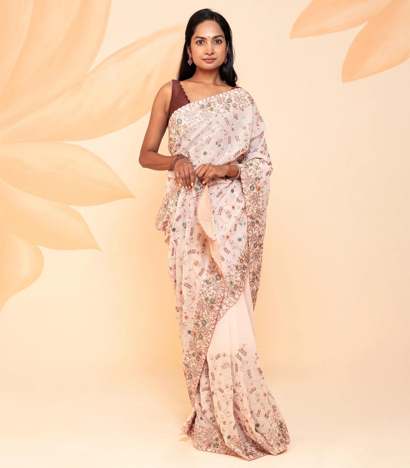 Baby Pink Blended Cotton Saree Embroidered With Meena Motifs-Baby Pink