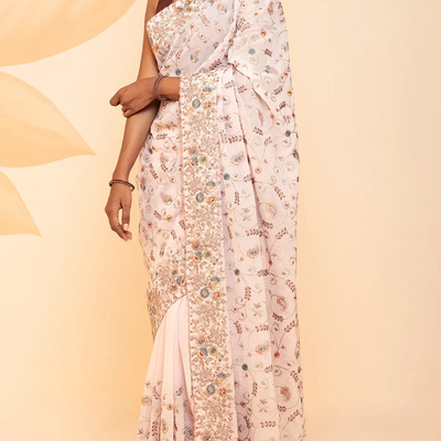 Baby Pink Blended Cotton Saree Embroidered With Meena Motifs-Baby Pink