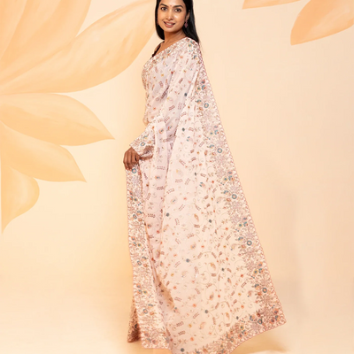 Baby Pink Blended Cotton Saree Embroidered With Meena Motifs-Baby Pink