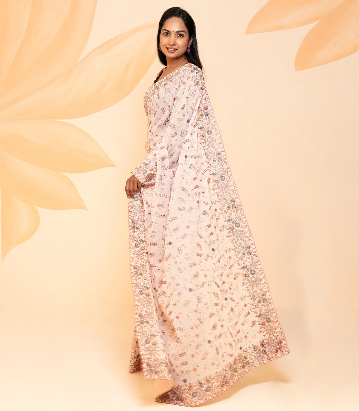 Baby Pink Blended Cotton Saree Embroidered With Meena Motifs-Baby Pink