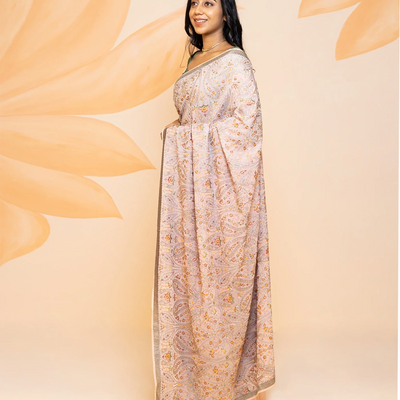 Dusty Pink Blended Cotton Saree Embroidered With Meena Motifs-Dusty Pink