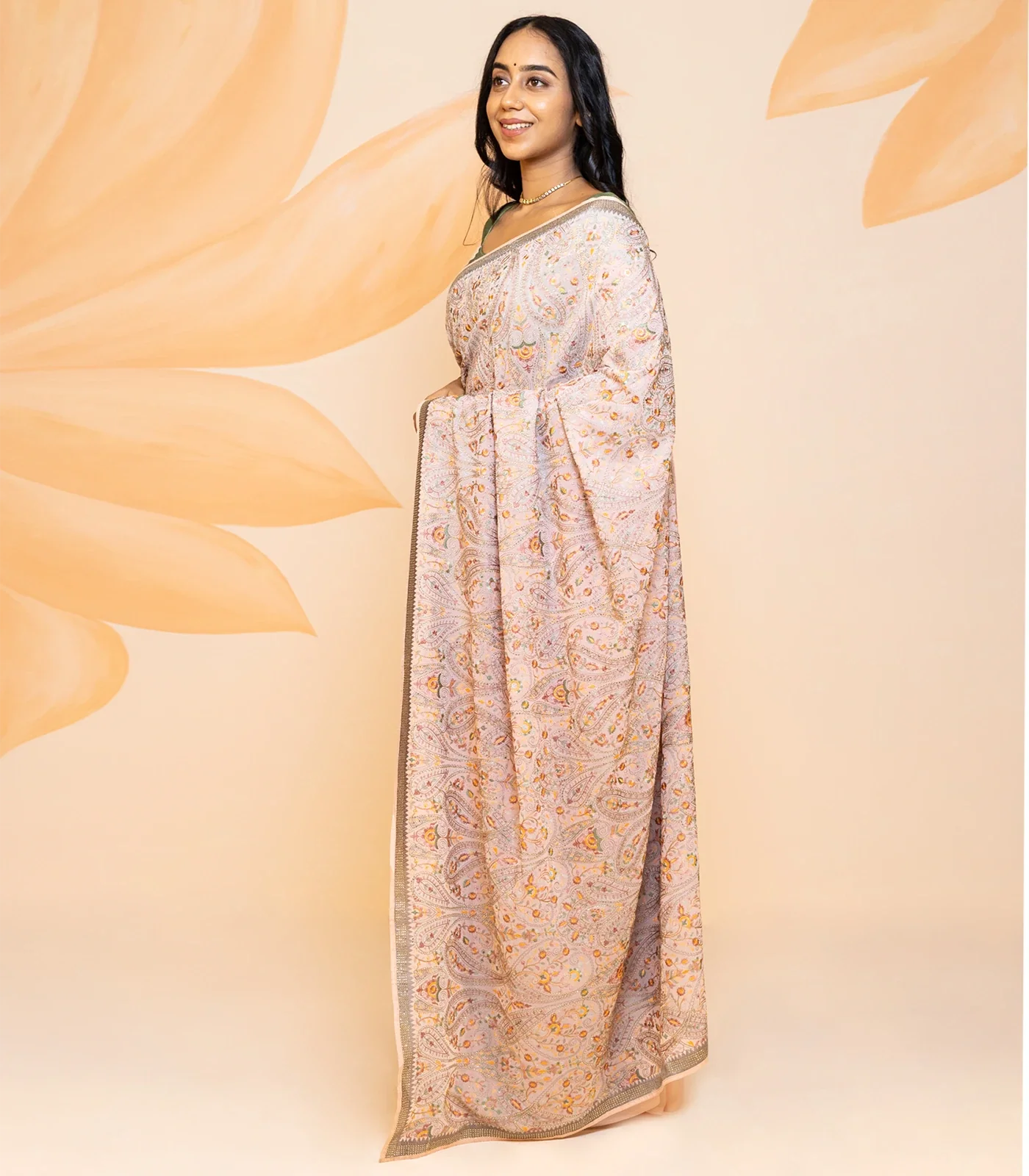 Dusty Pink Blended Cotton Saree Embroidered With Meena Motifs-Dusty Pink