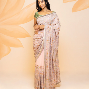 Dusty Pink Blended Cotton Saree Embroidered With Meena Motifs-Dusty Pink