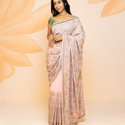 Dusty Pink Blended Cotton Saree Embroidered With Meena Motifs-Dusty Pink