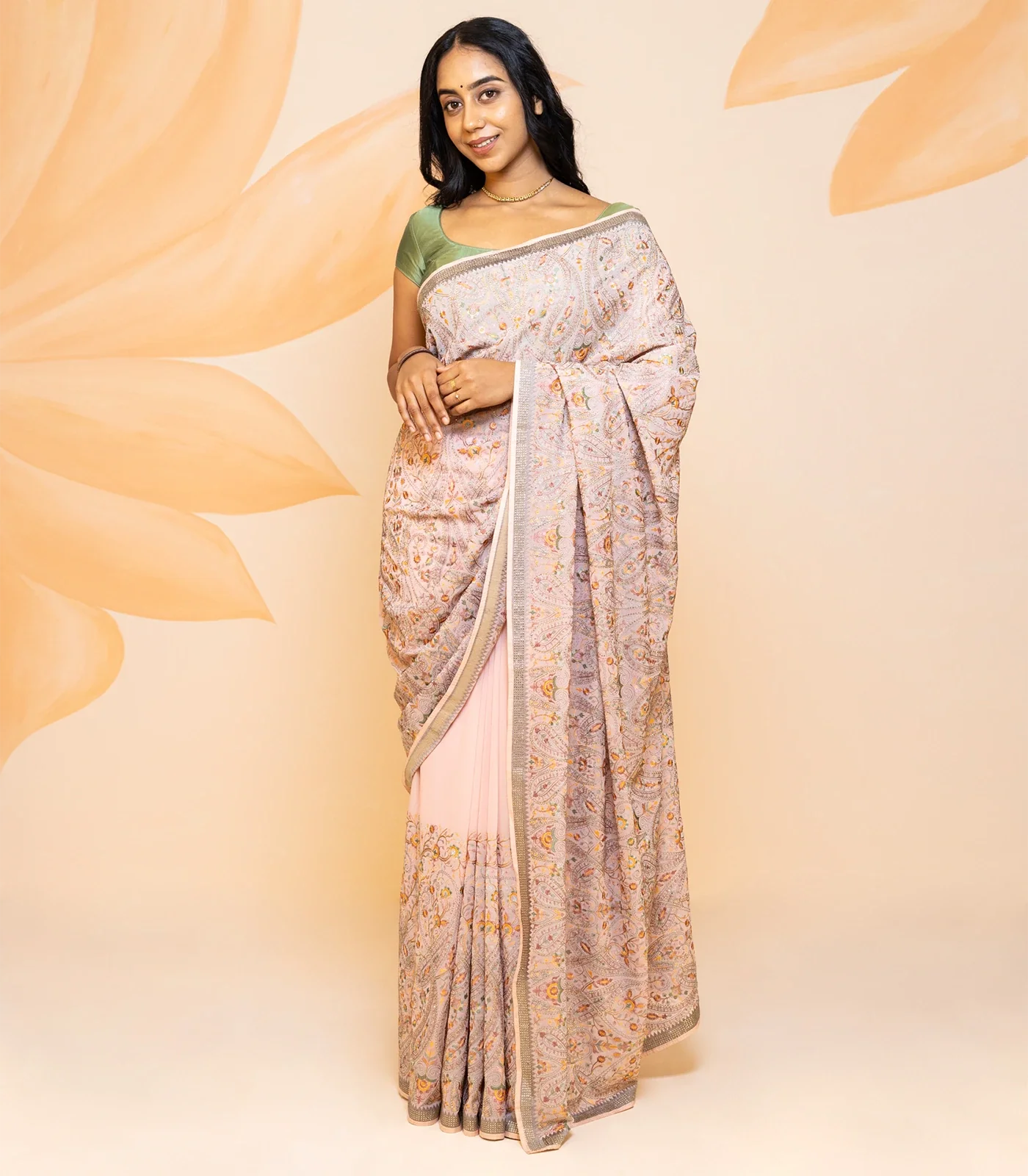 Dusty Pink Blended Cotton Saree Embroidered With Meena Motifs-Dusty Pink