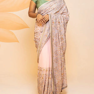 Dusty Pink Blended Cotton Saree Embroidered With Meena Motifs-Dusty Pink