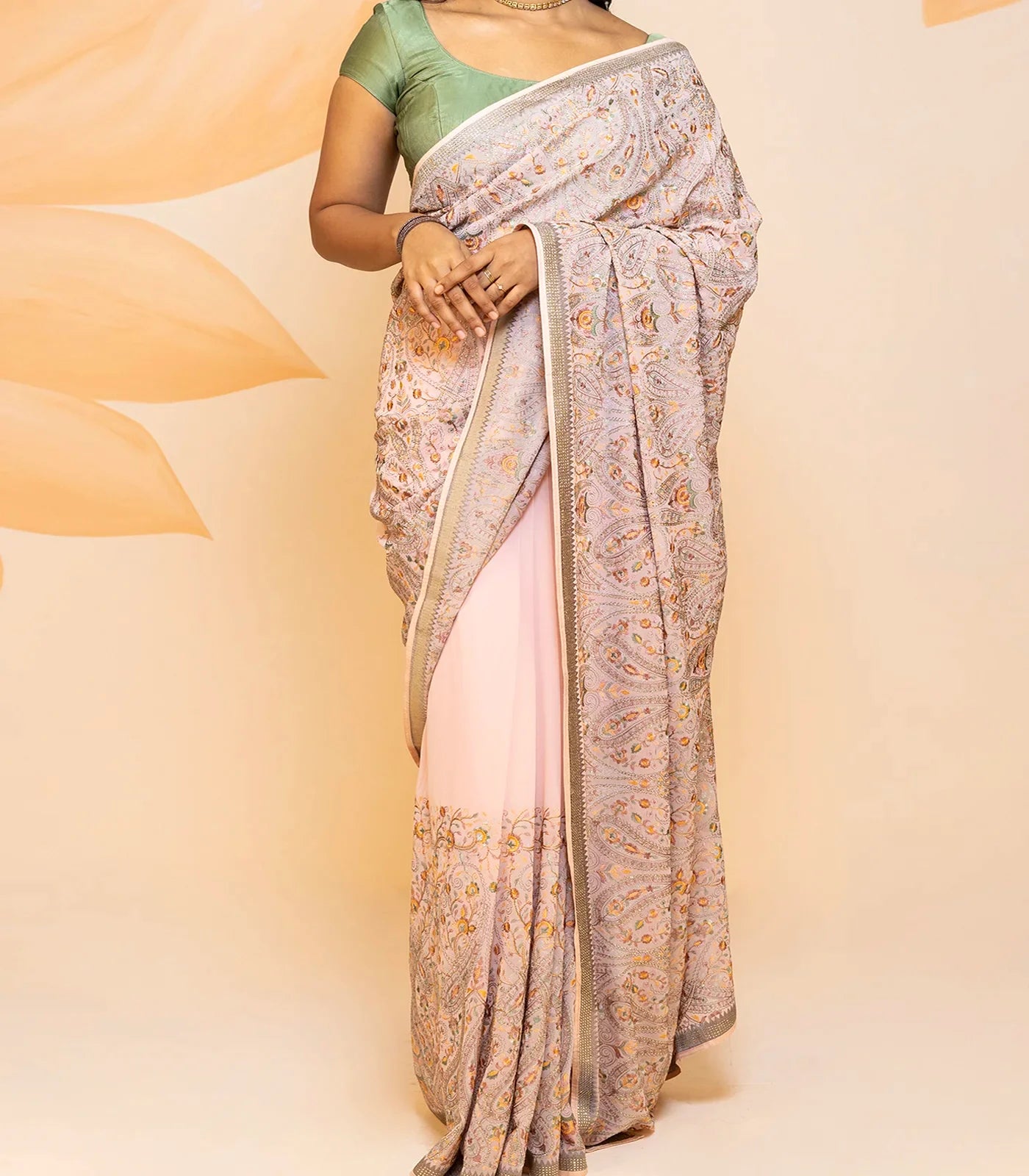 Dusty Pink Blended Cotton Saree Embroidered With Meena Motifs-Dusty Pink