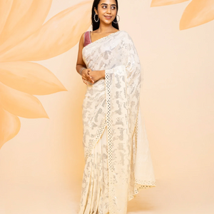 Cream Blended Cotton Saree Embroidered With Sequin Motifs-Cream
