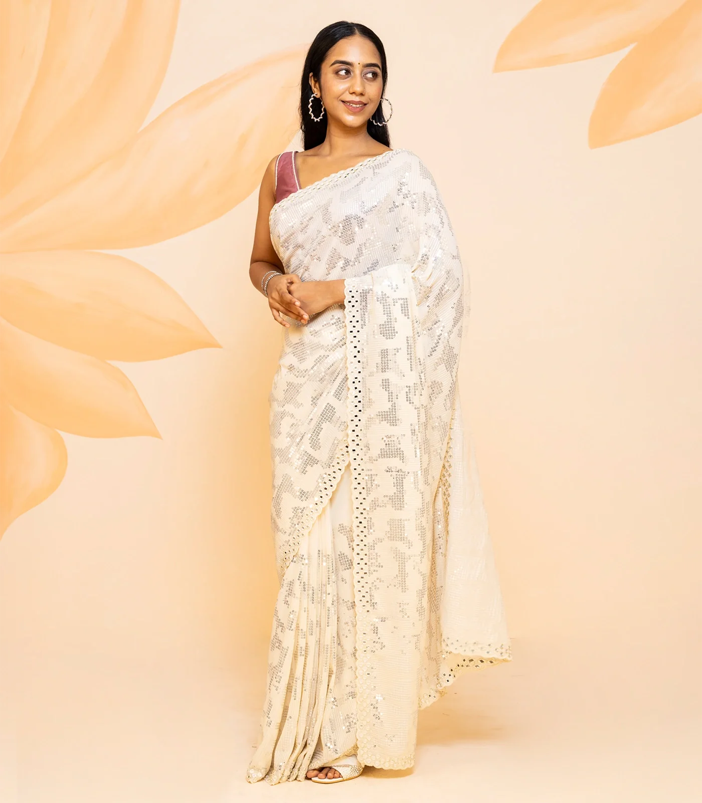 Cream Blended Cotton Saree Embroidered With Sequin Motifs-Cream