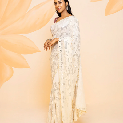Cream Blended Cotton Saree Embroidered With Sequin Motifs-Cream