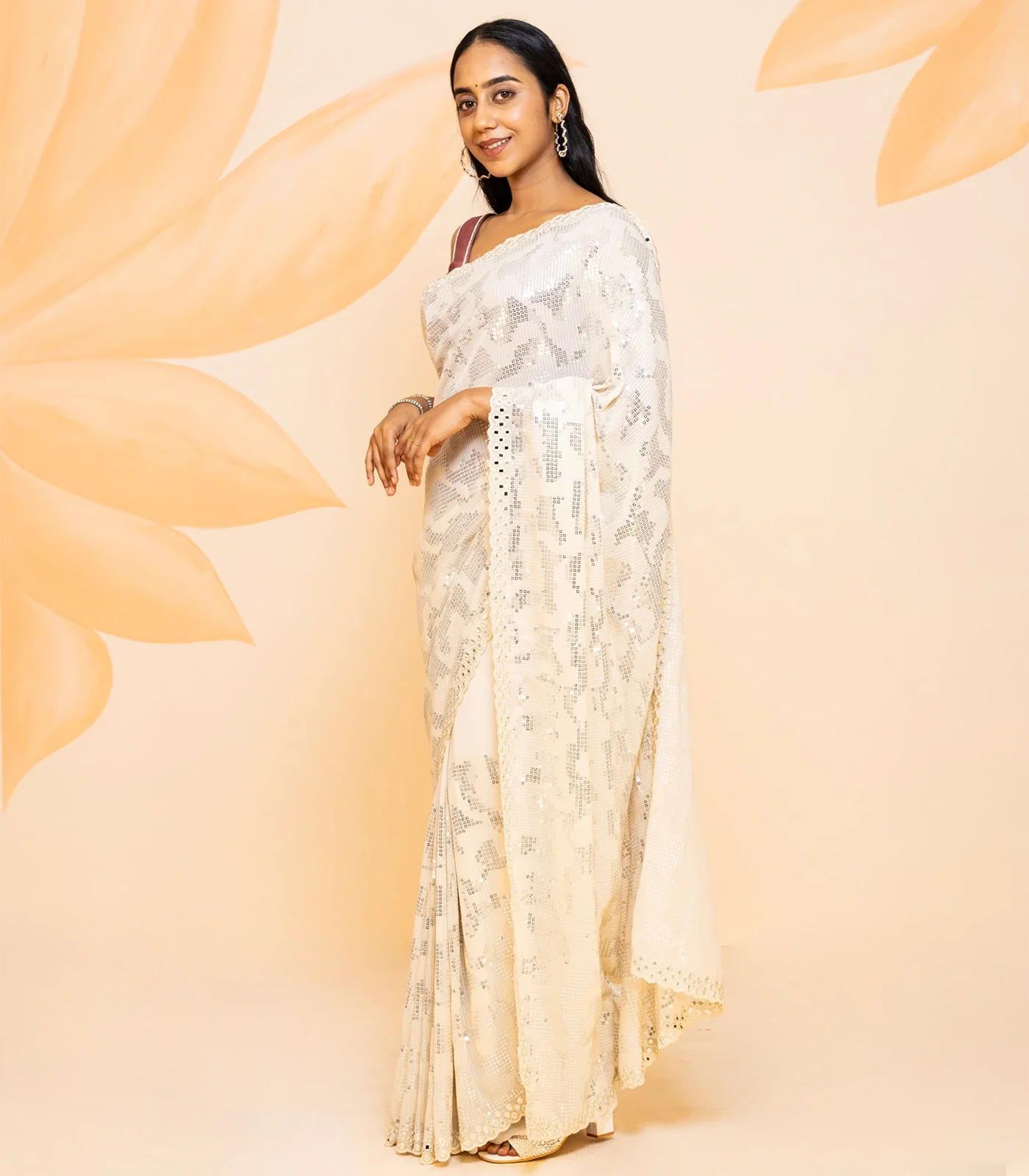 Cream Blended Cotton Saree Embroidered With Sequin Motifs-Cream