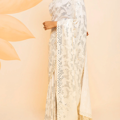 Cream Blended Cotton Saree Embroidered With Sequin Motifs-Cream