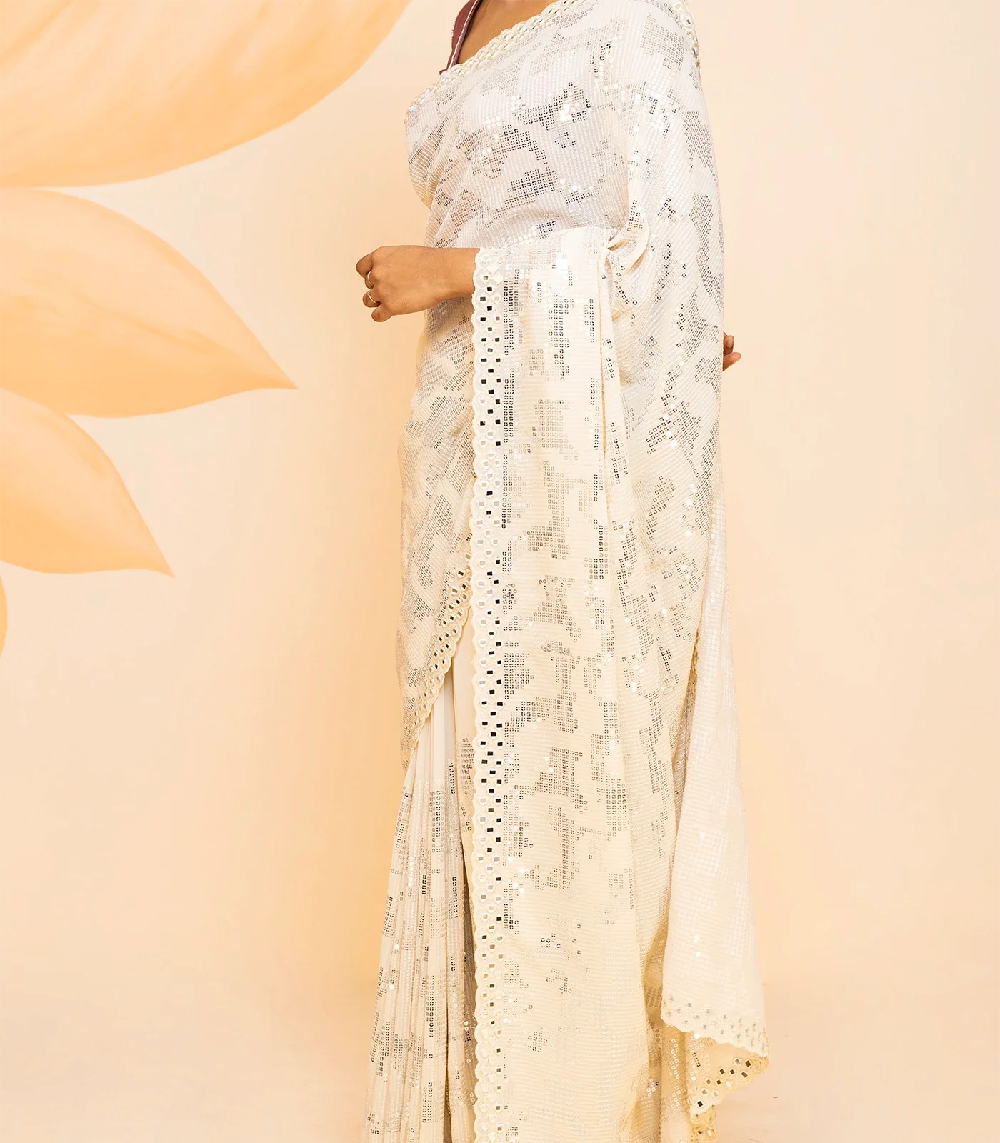 Cream Blended Cotton Saree Embroidered With Sequin Motifs-Cream