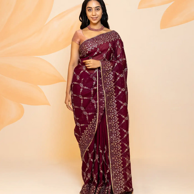 Burgundy Blended Cotton Saree Embroidered Floral Jaal Motifs-Burgundy