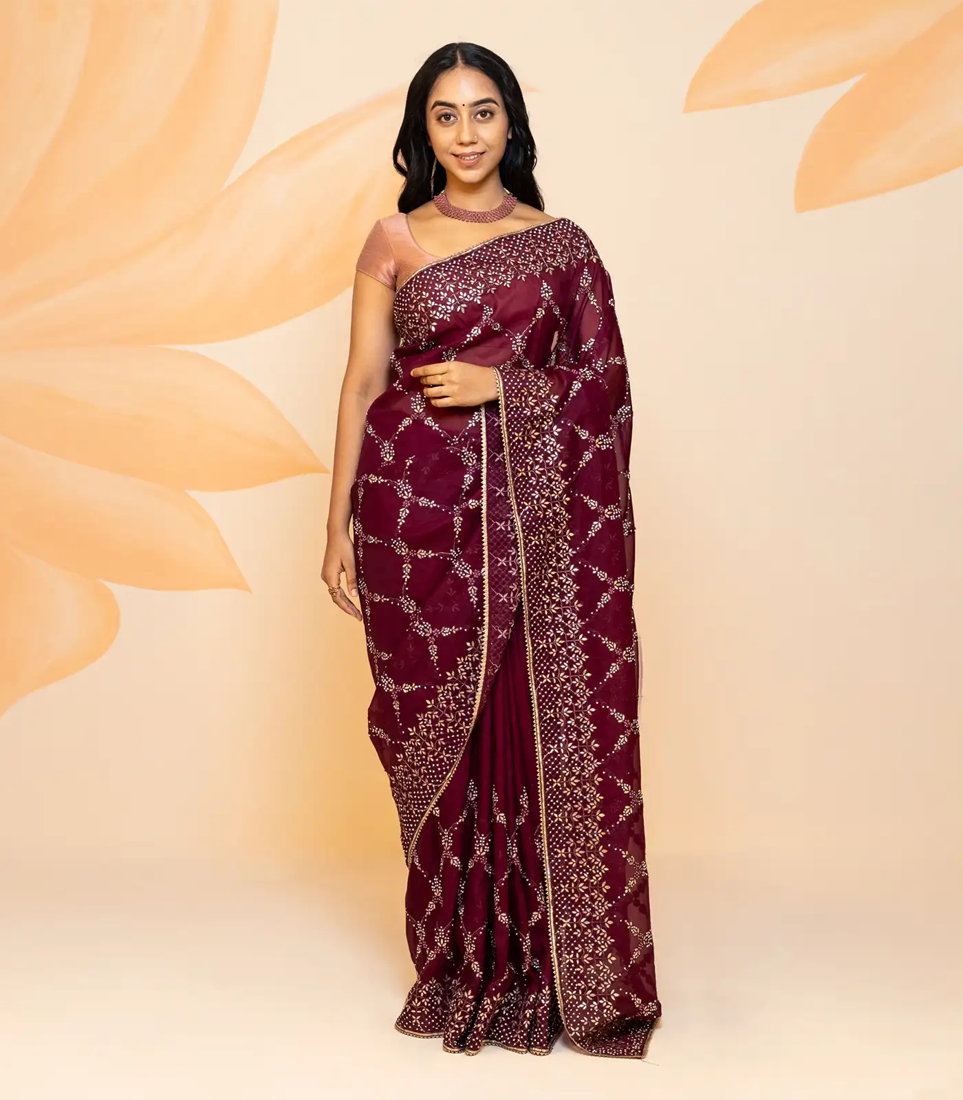 Burgundy Blended Cotton Saree Embroidered Floral Jaal Motifs-Burgundy