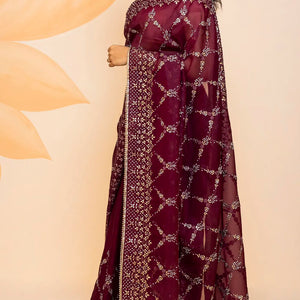 Burgundy Blended Cotton Saree Embroidered Floral Jaal Motifs-Burgundy