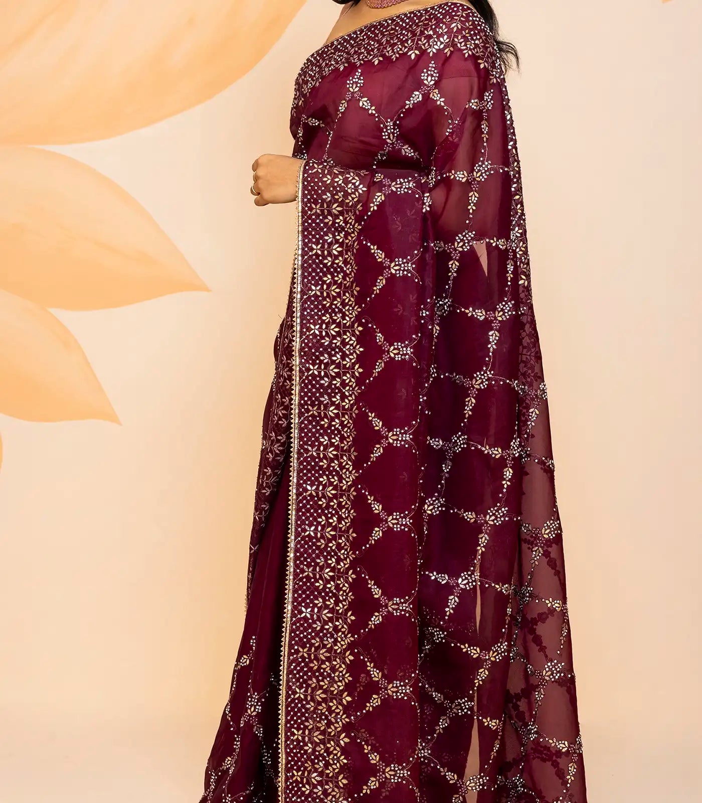 Burgundy Blended Cotton Saree Embroidered Floral Jaal Motifs-Burgundy