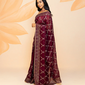 Burgundy Blended Cotton Saree Embroidered Floral Jaal Motifs-Burgundy