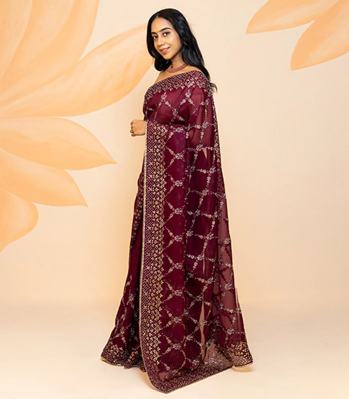 Burgundy Blended Cotton Saree Embroidered Floral Jaal Motifs-Burgundy