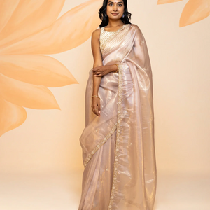 Dusty Pink Blended Tissue Saree Embroidered Floral Motifs-Dusty Pink