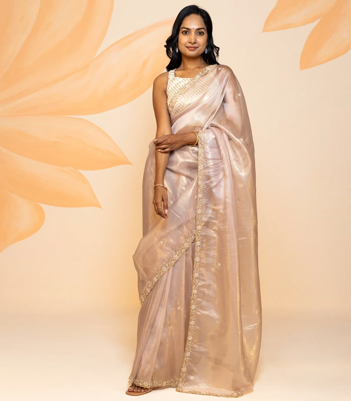 Dusty Pink Blended Tissue Saree Embroidered Floral Motifs-Dusty Pink