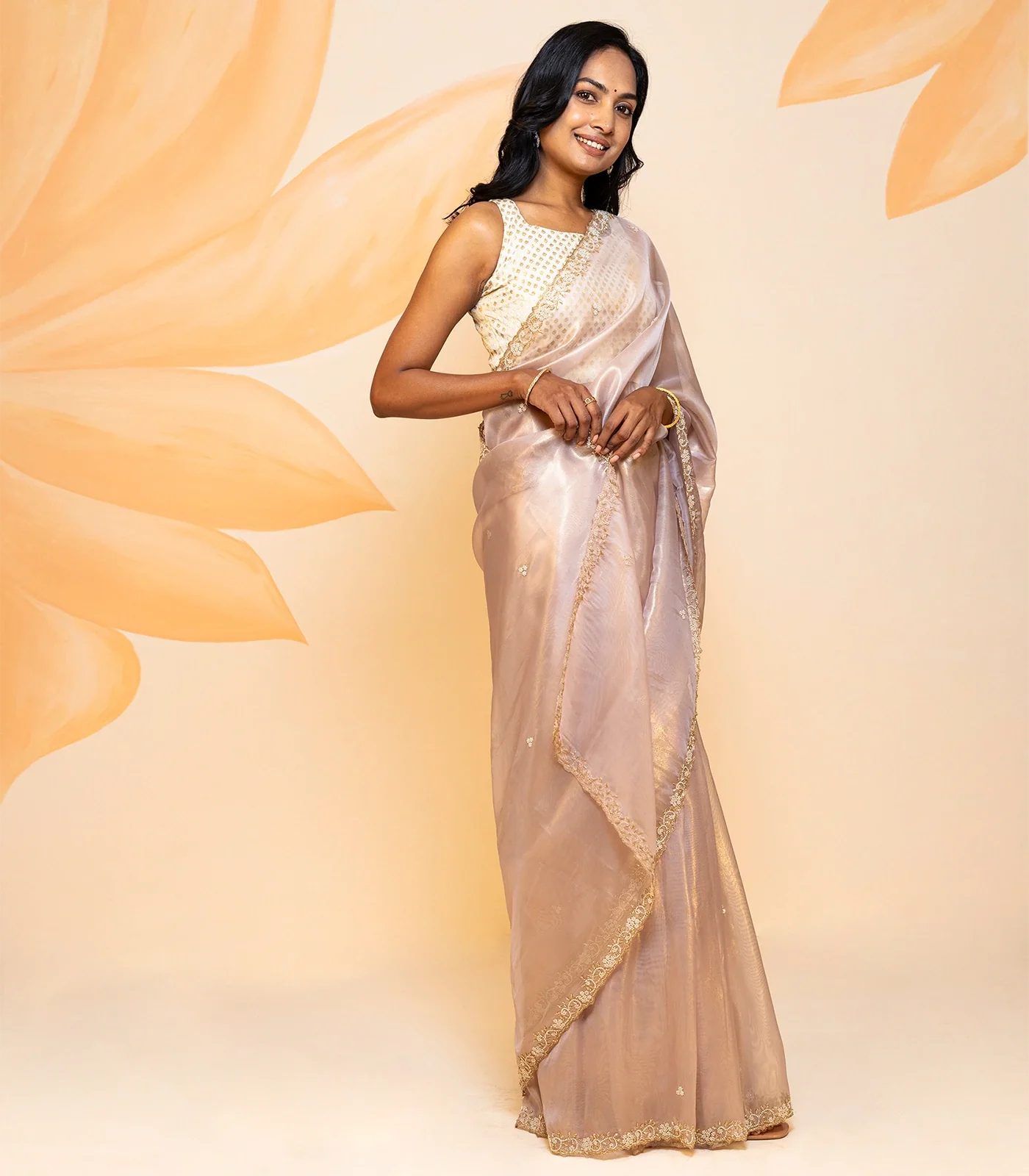 Dusty Pink Blended Tissue Saree Embroidered Floral Motifs-Dusty Pink