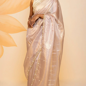 Dusty Pink Blended Tissue Saree Embroidered Floral Motifs-Dusty Pink