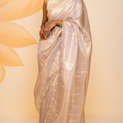 Dusty Pink Blended Tissue Saree Embroidered Floral Motifs-Dusty Pink