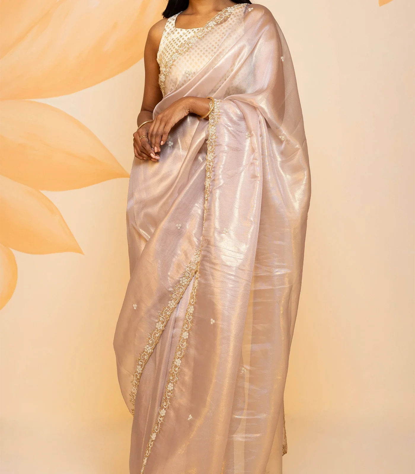 Dusty Pink Blended Tissue Saree Embroidered Floral Motifs-Dusty Pink