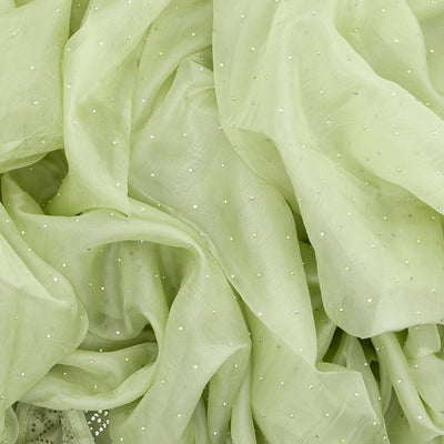 Mint Green Embroidered Cotton Saree With Stone Work Body-Mint Green