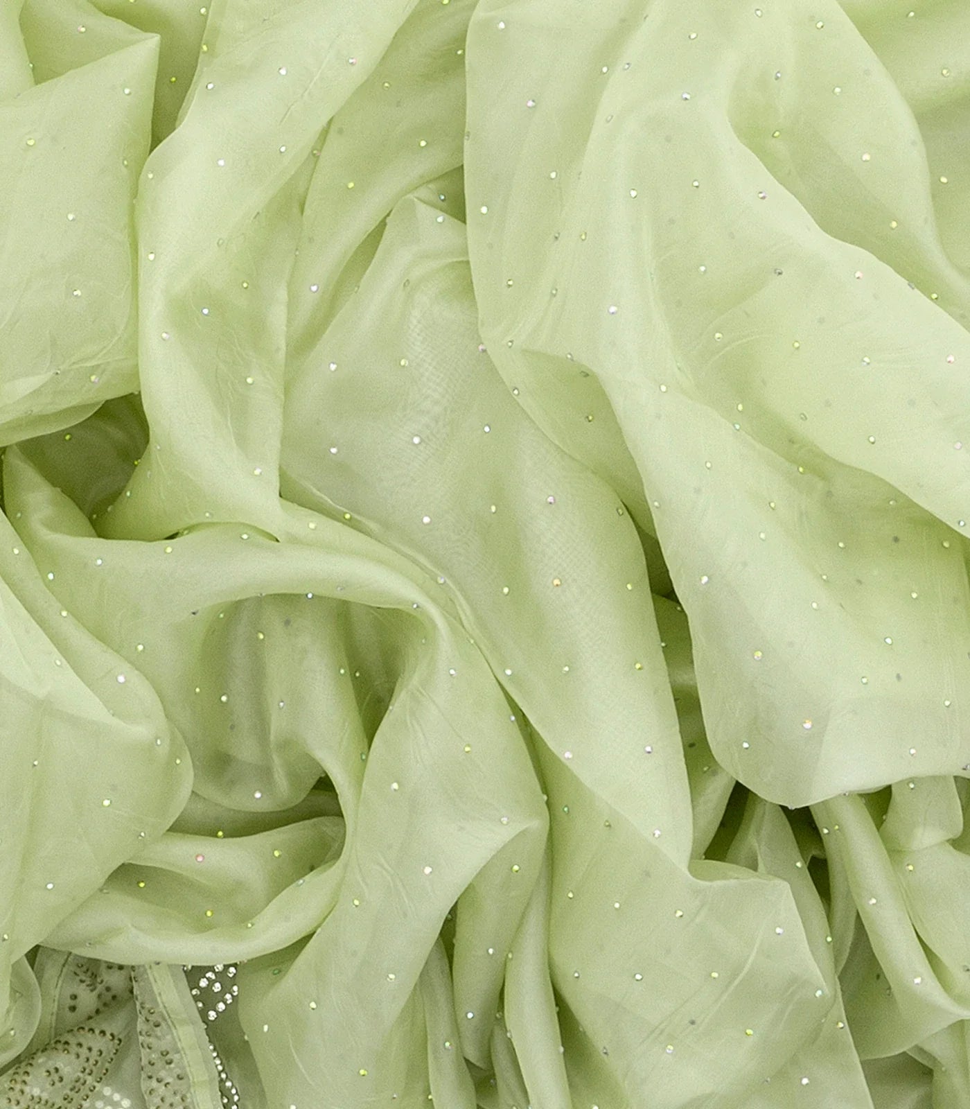 Mint Green Embroidered Cotton Saree With Stone Work Body-Mint Green