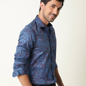 Rare Rabbit Men's Enchan Navy Cotton Fabric Paisley Print Full Sleeves Shirt