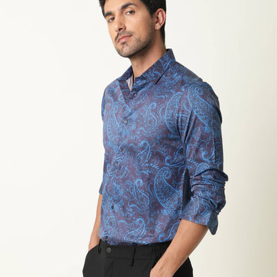 Rare Rabbit Men's Enchan Navy Cotton Fabric Paisley Print Full Sleeves Shirt