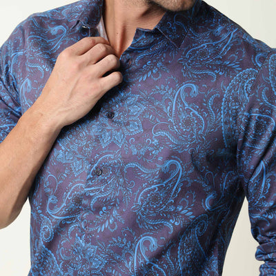 Rare Rabbit Men's Enchan Navy Cotton Fabric Paisley Print Full Sleeves Shirt