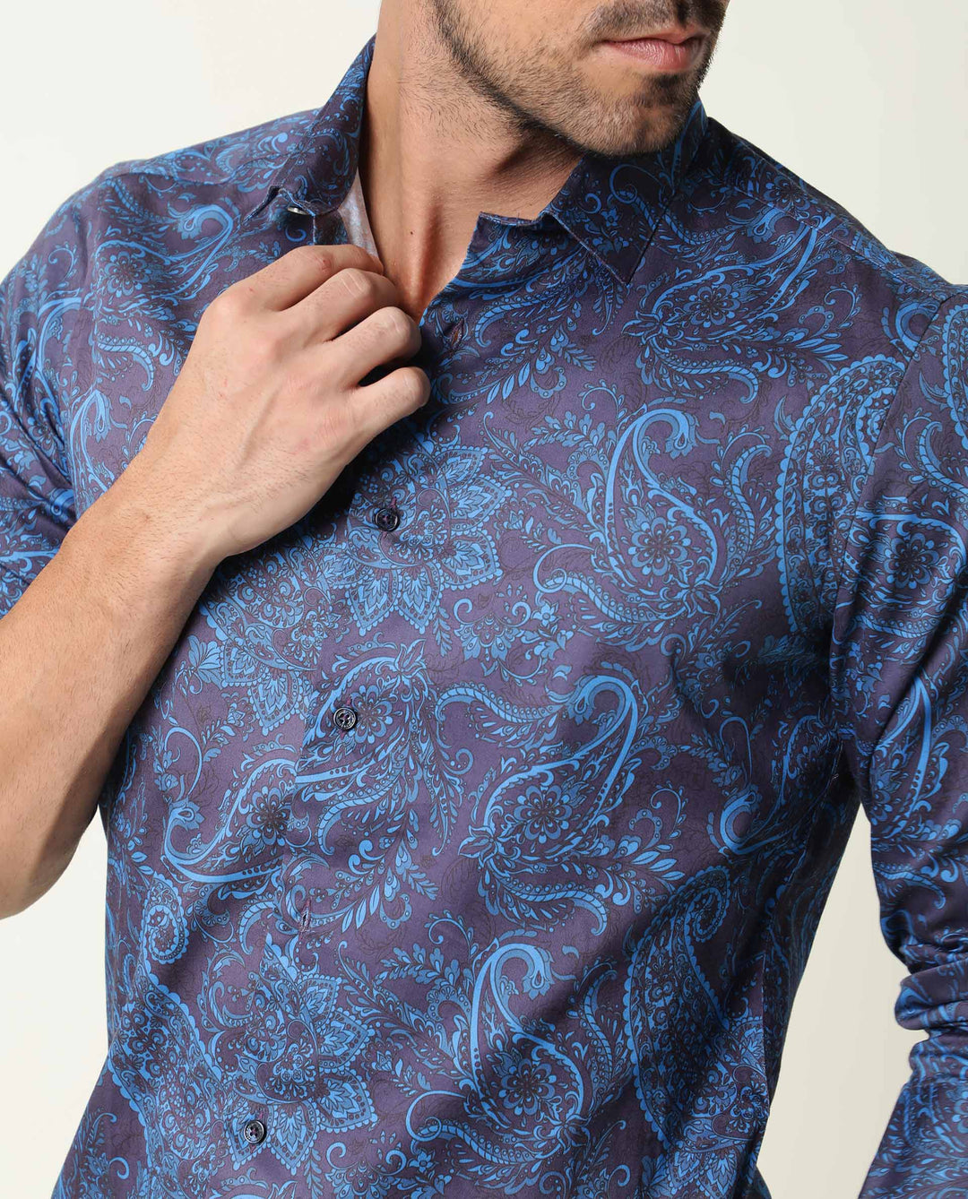 Rare Rabbit Men's Enchan Navy Cotton Fabric Paisley Print Full Sleeves Shirt