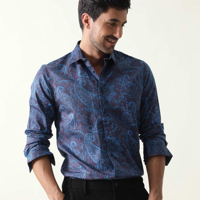 Rare Rabbit Men's Enchan Navy Cotton Fabric Paisley Print Full Sleeves Shirt