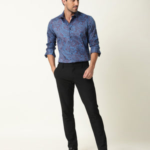 Rare Rabbit Men's Enchan Navy Cotton Fabric Paisley Print Full Sleeves Shirt