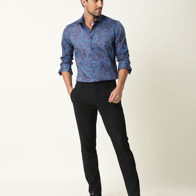 Rare Rabbit Men's Enchan Navy Cotton Fabric Paisley Print Full Sleeves Shirt