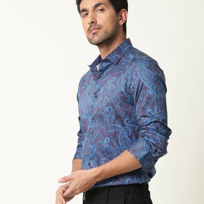 Rare Rabbit Men's Enchan Navy Cotton Fabric Paisley Print Full Sleeves Shirt