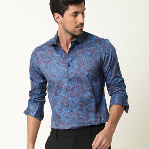 Rare Rabbit Men's Enchan Navy Cotton Fabric Paisley Print Full Sleeves Shirt