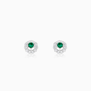 Silver Emerald Green Halo Stud Earrings